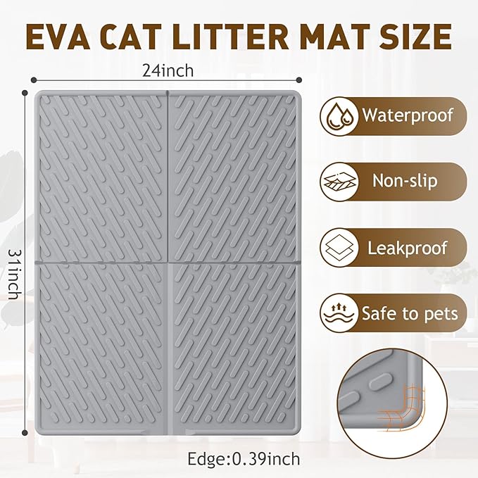 Cat Litter Mat with Grooves & Raised Edge, Urineproof/Waterproof, Litter Scattering Control, Easy to Clean (31 * 24in-Grey-1 Pack)