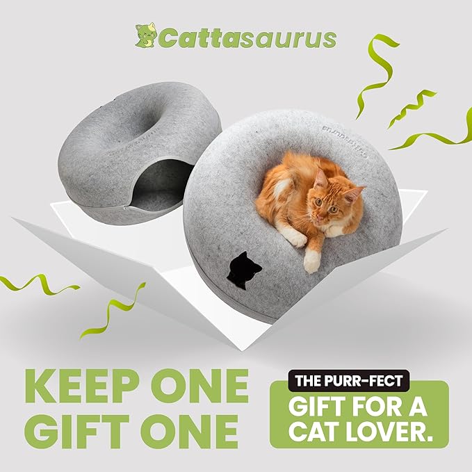 Cattasaurus Peekaboo Cat Cave Donut for Multiple & Large Cats up to 30-45 lbs, 3-in-1 Self Warming Cat Bed, Tunnel & Scratcher for Indoor Cats, Washable & Detachable (Light Gray + Light Gray, Large)
