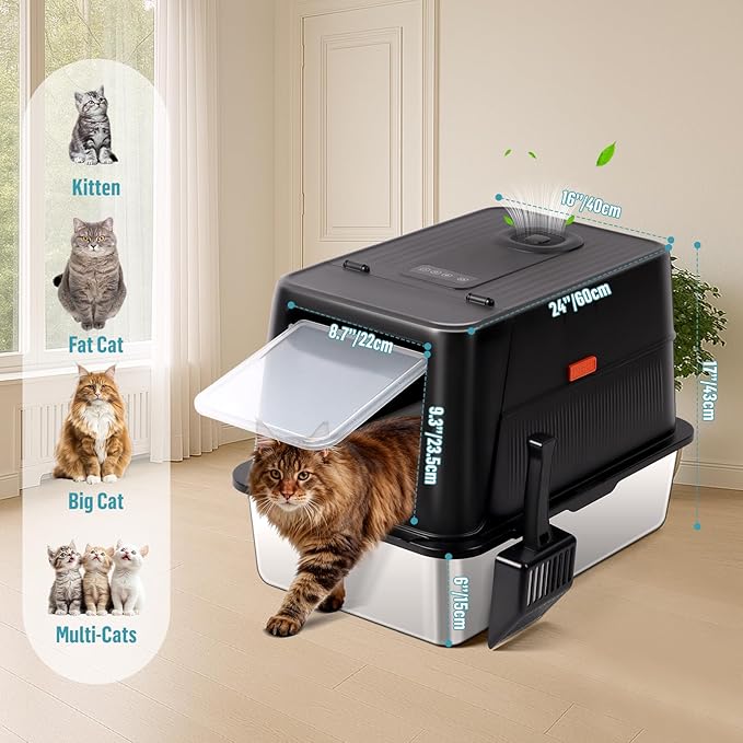 Stainless Steel Litter Box，XXL Enclosed High Sided Litter Box with Scoop for Big Cats, Non-Sticky, Anti-Leakage, Odor Control, Easy Clean (Black)