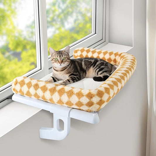 Sunhoo Cat Window Perch Hammock Sturdy Windowsill Bed Seat for Large Cats No Drilling No Suction Adjustable Kitty Shelf with Washable Cover Easy Assembly Holds up to 40 lbs 22.05 * 15 in (Brown, S)