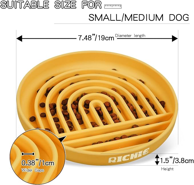 Slow Feeder Dog Bowls with Suction Cups, Silicone Puzzle Bowl for Slow Eating, Pets Slow Feeder Non-Slip Design Dishwasher Microwave Safe for Small Medium Dogs, Yellow