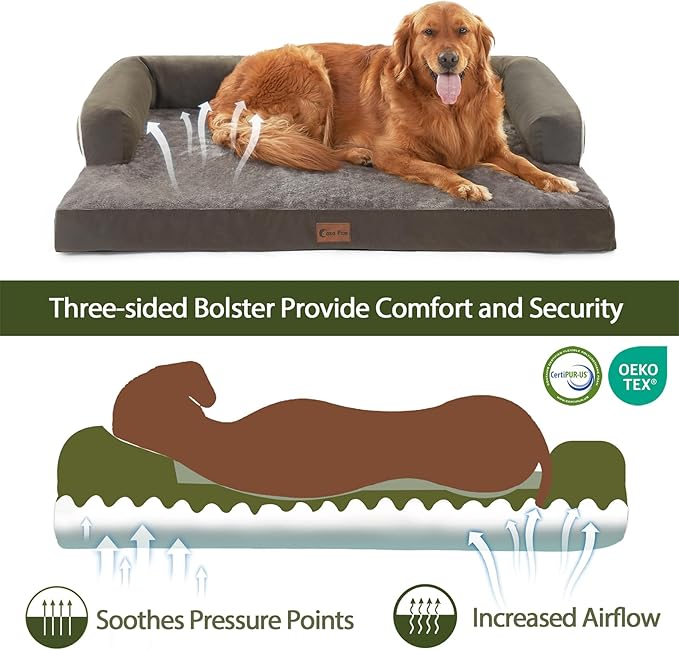 Orthopedic Dog Beds for Large Sized Dogs, Waterproof Egg Crate Foam Large Dog Couch Beds with Comfy Bolster 36x27Inch, Washable Pet Beds with Removable Cover and Nonskid Bottom, Dark Green
