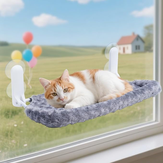 Cat Window Perch, Cordless Foldable Cat Hammock Bed with 4 Suction Cups, Embeded Machine Washable Bed for Indoor Cats, Strong Metal Frame Holds 40lbs (Grey,Cotton Binding)