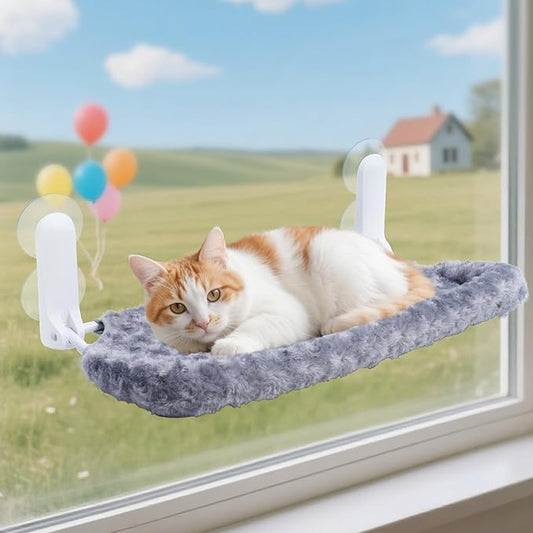 Cat Window Perch, Cordless Foldable Cat Hammock Bed with 4 Suction Cups, Embeded Machine Washable Bed for Indoor Cats, Strong Metal Frame Holds 40lbs (Grey,Cotton Binding)