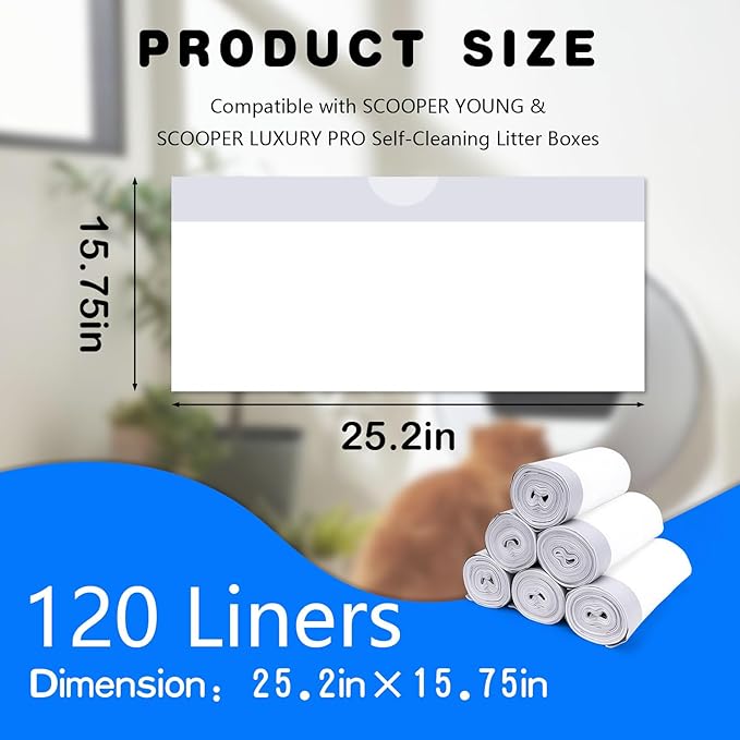 120 Pack Automatic Litter Box Liners, Compatible with SCOOPER YOUNG & SCOOPER LUXURY PRO & Litter Robot 4/3 Self-Cleaning Litter Boxes, Drawstring Cat Litter Bags (Not for SCOOPER SE)