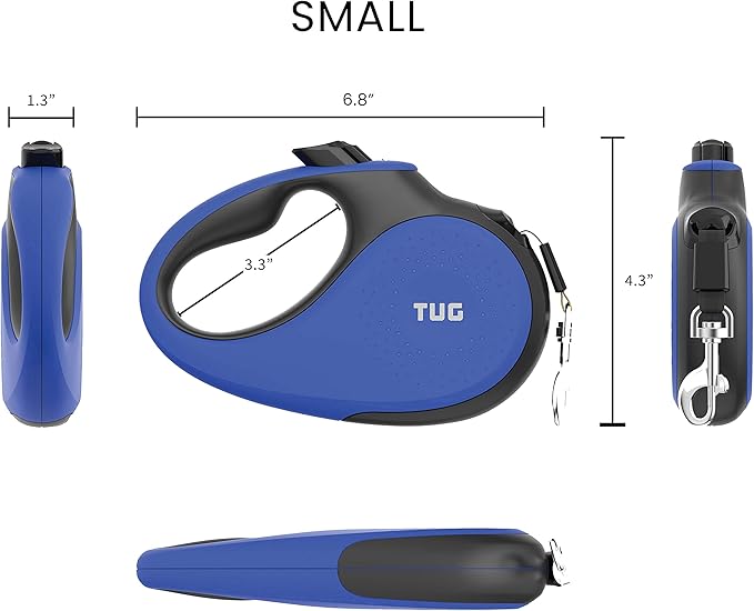 TUG 360° Tangle-Free Retractable Dog Leash with Anti-Slip Handle | 16 ft Strong Nylon Tape | One-Handed Brake, Pause, Lock (Small, Blue)