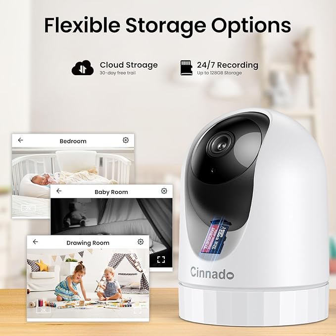Cinnado 2K Home Security Cameras-2.4Ghz WiFi Indoor Camera with 360° Motion Detection for Pets/Nanny/Baby/Dog, 2 Way Audio, 24/7 SD Card Storage, Cloud Storage, Works with Alexa & Google Home, D1 4P