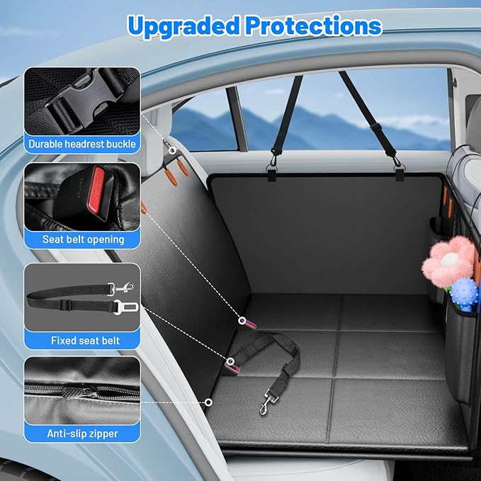 Dog Car Seat Cover for Back Seat with Hard Bottom, PU Leather Back Seat Extender for Dogs,Dog Hammock Bed for Cars, SUVs, Pet Seat Cover for Back Seat Holds 400lbs with Mesh Window & Pocket