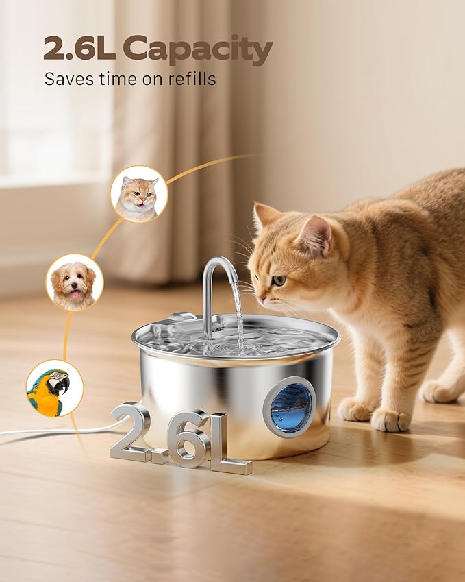 Pet Water Fountain Stainless Steel: Mental Cat Water Fountains with 8 Filters + 8 Sponges - 88oz/2.6L Noiseless Cats Waterer Bowl Dispenser - ATMZIQXR Kitten Drinking Fountains for Cats Indoor