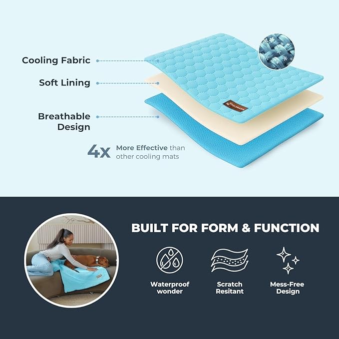 Pelsbarn Dog Cooling Mat- Ice Silk Summer Comfort, Self Cooling, Non-Slip Dog Pad, Durable & Washable, Mat for Large Dogs 25" x 37", Support Shelter Dogs with Every Purchase (Blue)