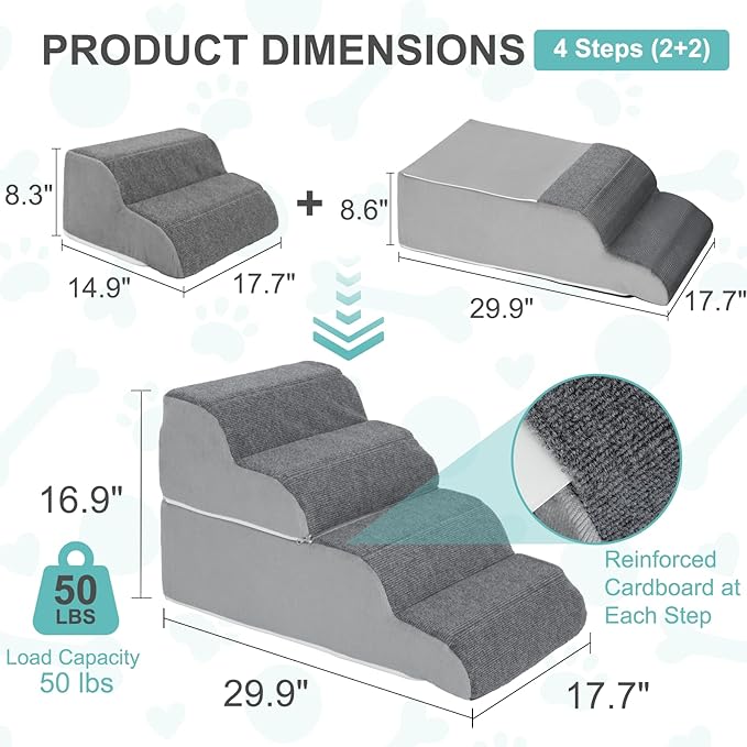 Docred 4-Step Dog Stairs for Small Dogs and Cats - Doggy Ramps, Non-Slip Sturdy Pet Steps for High Beds, Couch, Sofa, Washable Dog Ramp with Removable Cover