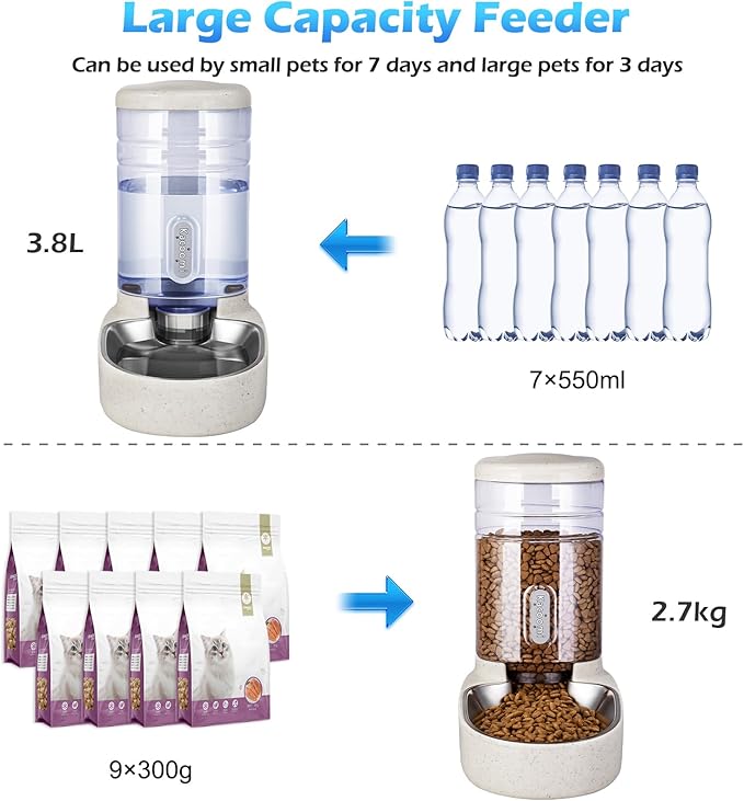 Automatic Cat Feeder and Water Dispenser with Stainless Steel Bowl Gravity Food Feeder and Waterer Set for Small Medium Dog Puppy Kitten 1 Gallon x 2(Beige)