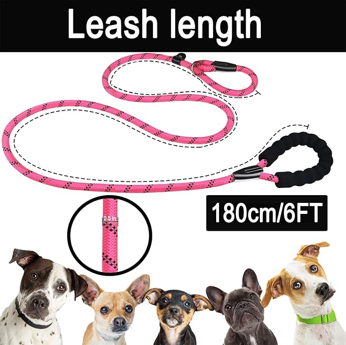 Durable Dog Leash, 6 FT Strong Training Dog Leash with Comfortable Padded Handle and Highly Reflective Threads for Small Medium and Large Dogs, (Pink)
