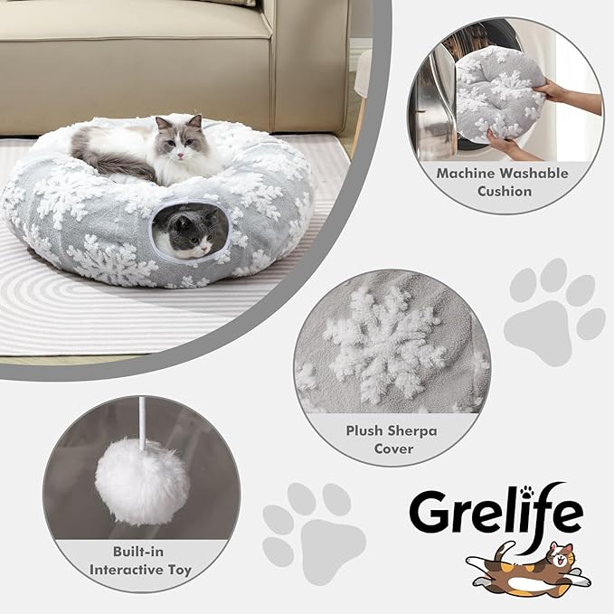 Grelife Cat Tunnel Bed for Indoor Cats, Large Cat Tunnel Christmas Tree Skirt, Cat Donut Tunnel Toys with Warm Plush, Non-Slip Base, Removable Cushion, Perfect for Cats, Kittens, Small Pets(33.4")