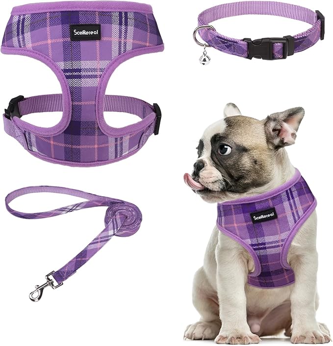SCENEREAL No Pull Dog Harness Collar and Leash Set Small Medium Sized Dog, Soft Mesh Step in Puppy Harnesses, No Chock Plaid Adjustable Pet Vest for Outdoor Walking Training and Running, Purple M