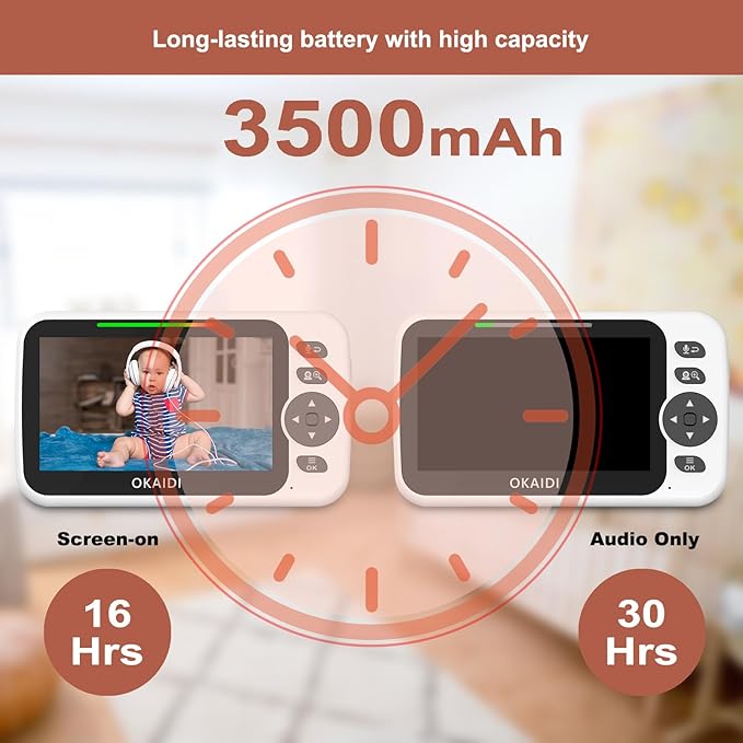 OKAIDI Video Baby Monitor with Camera and Audio, 5" Display Baby Monitor No WiFi, 30H Battery and 1000ft Range, Remote Pan-Tilt-Zoom Baby Camera, Night Vision, 2-Way Talk, ECO, Temperature, Lullaby