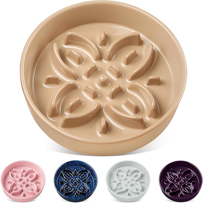 vancasso Ceramic Slow Feeder Dog Bowls, Puzzle Dog Food Bowls with Floral Maze, Anti -Slip Pet Food Dish for Medium Breed, 1.5 Cups, Brown