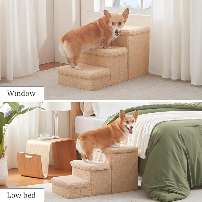 Dog Stairs with Storage, 3-Step Sturdy Dog Steps for Small Medium or Large Older Dogs Cats, Folding Pet Stairs Climbing Sofas, high beds, Windows and Cars (Beige, No Condo,16.7" H)