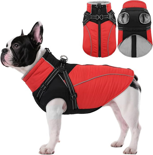 ASENKU Reflective Dog Coat with Built-in Harness, Windproof Fleece-Lined Dog Jacket for Small, Medium, Large Dogs, Warm Winter Vest with Turtleneck & Zipper (Red M)