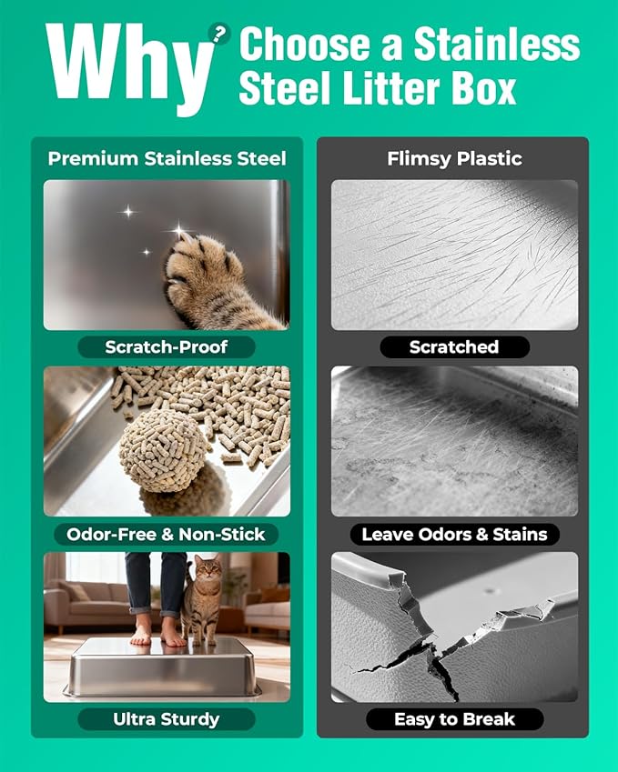 OROLEY Extra-Large Stainless Steel Cat Litter Box Features a Covered Design, High Sides to Prevent Litter from Spilling, an Easy-to-Clean Non-Stick Surface, and Includes a Raised Platform (Dark Gray)