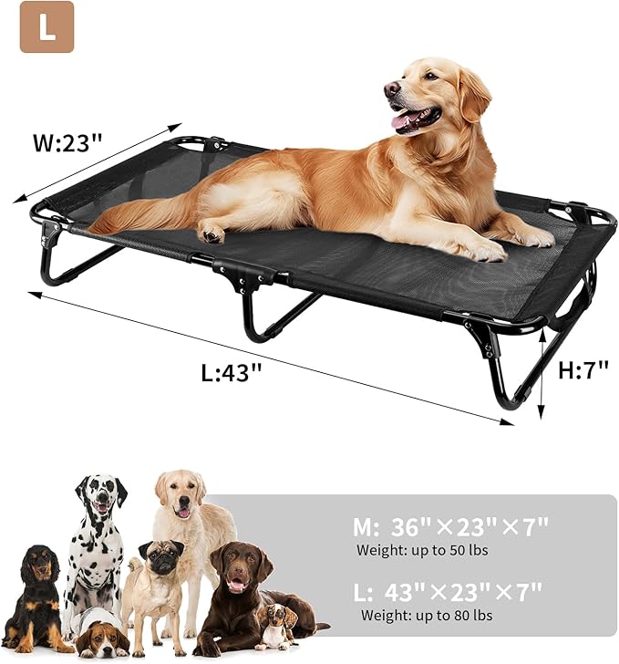 Foldable Elevated Dog Bed, 43"x23"x7"Raised Pet Bed with No Setup, Outdoor DogBed with Breathable Mesh, No-Slip Feet Camping Dog Cots Bed for Large Sized Dogs, Black