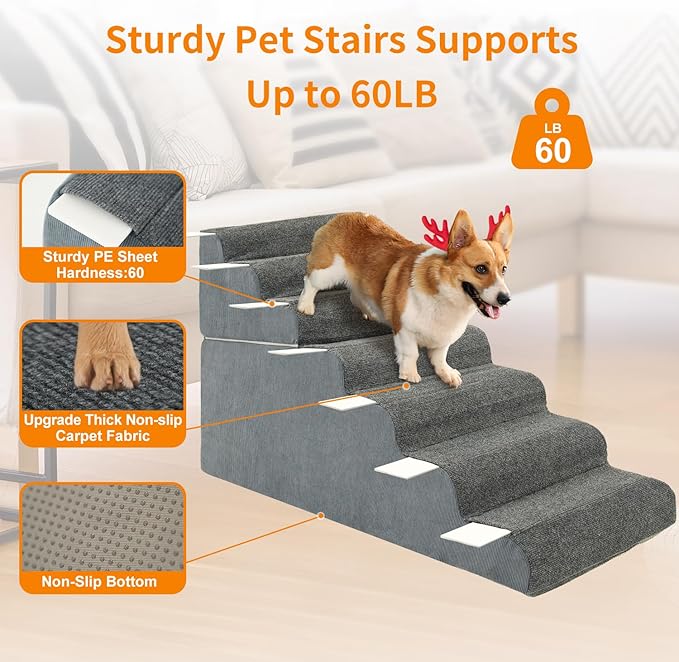 7-Steps Dog Stairs for High Bed and Couch 29.5" H, Wider Pet Stairs for Small Old Large Dogs Cats, 30°Steady Non-Slip Dog Steps, Washable Dog Ramp with Removable Cover, PE Boards