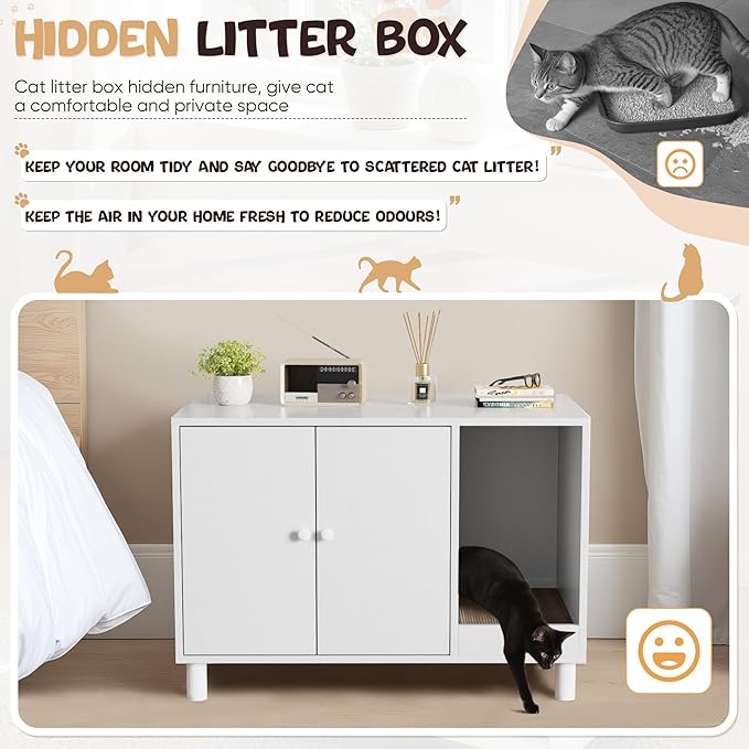 WARCAT Cat Litter Box Enclosure, Modern Hidden Litter Box Enclosure Furniture, Hidden Washroom with Scratch Pad, Barn Door Design, Indoor Cat House & End Table (White)