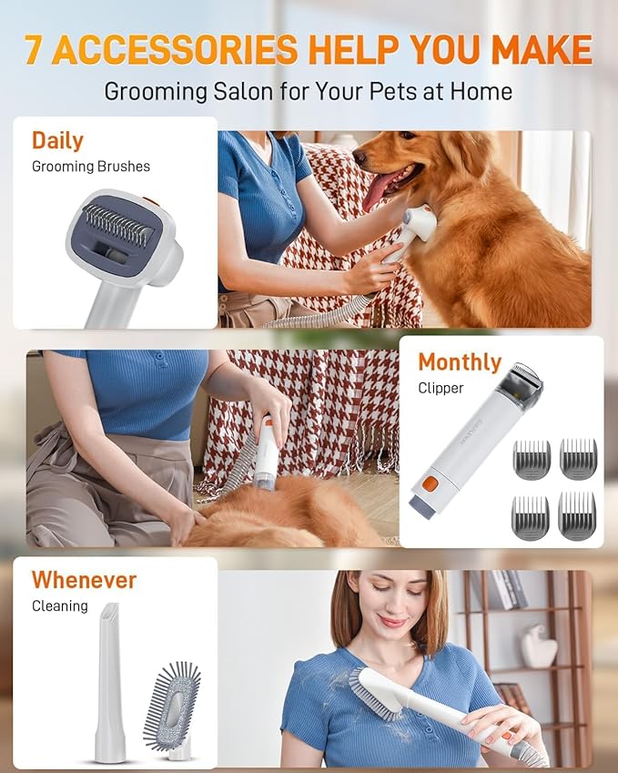 Dog Grooming Vacuum Kit for Shedding: Pet Hair Brush Groomer Attachment Fur Machine Cat Professional Clippers Deshedding Suction Cleaner Home Trimmer Tool Doggie Doggy System Remover Quiet Design