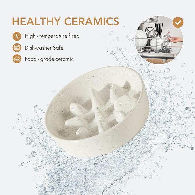 Ceramic 0.9 Cup Dog Bowl Slow Feeder, 6.1inch Slow Dog Food Bowl for Small Dog and Cat, Stop Bloat, Preventing Choking(Single Bowl, Vanilla White)