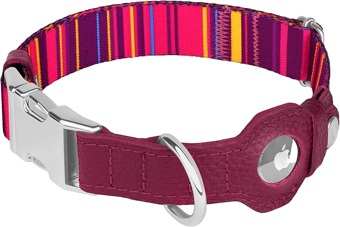 AirTag Dog Collar for Small Medium Large Breed - Adjustable Cute Pattern Dog Collar with Airtag Holder - Soft Leather Tracker GPS Apple Air Tag Pet Collars (Medium, 14"-18" Neck Fit, Striped)