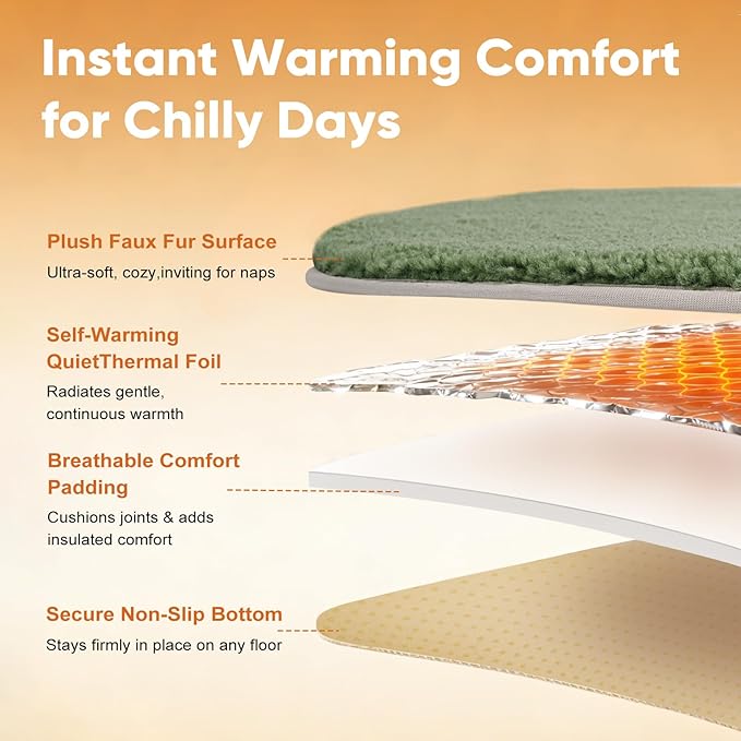 Self Warming Cat Bed Mat with Soft U-Shaped Pillow– Thickened Calming Cat Bed for Kittens and Small Dogs – Portable Washable Cats Warming Pad for Indoor or Travel Use,Green