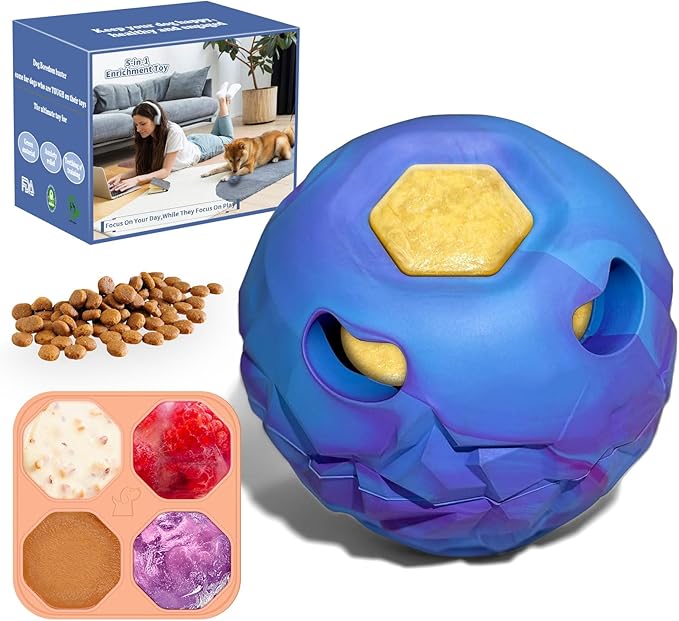 5-in-1 Dog Enrichment Toy – Bite & Brush Freeze Ball, Large Dog Toys, Interactive Chew Toy for Large Aggressive Chewers (25-85 lbs), Freezable Bone for Dogs, Homemade Treat Dispenser, Easy to Clean