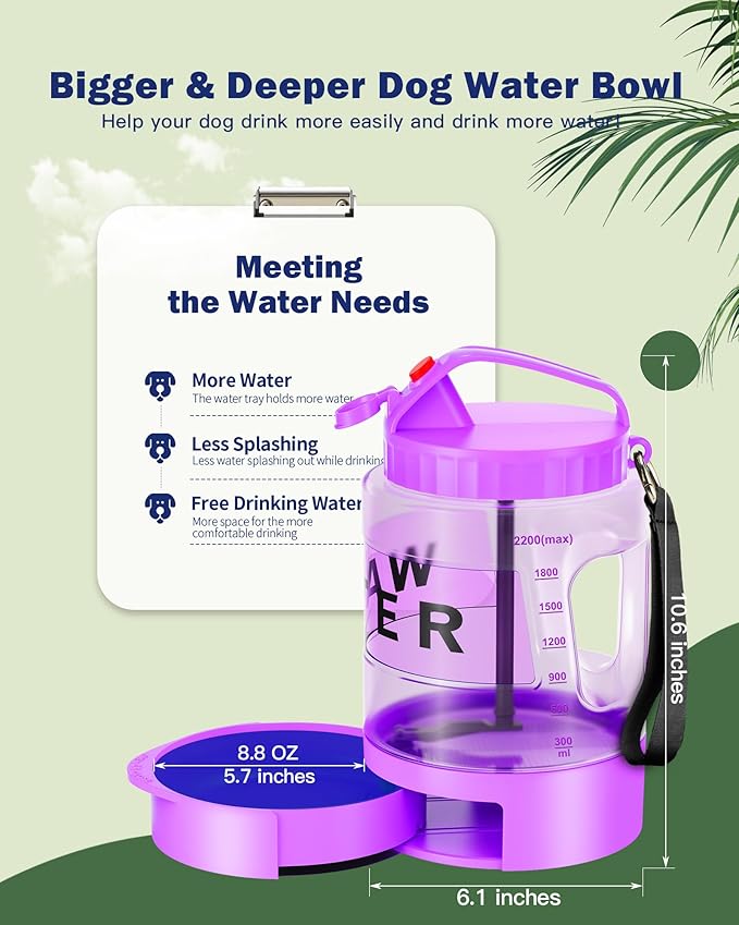 77oz Large Dog Water Bottle - Portable Travel Dog Water Dispenser & Bowl - Leak-Proof Pet Water Jug for Hiking, Camping, Walking & Car Trips, Purple