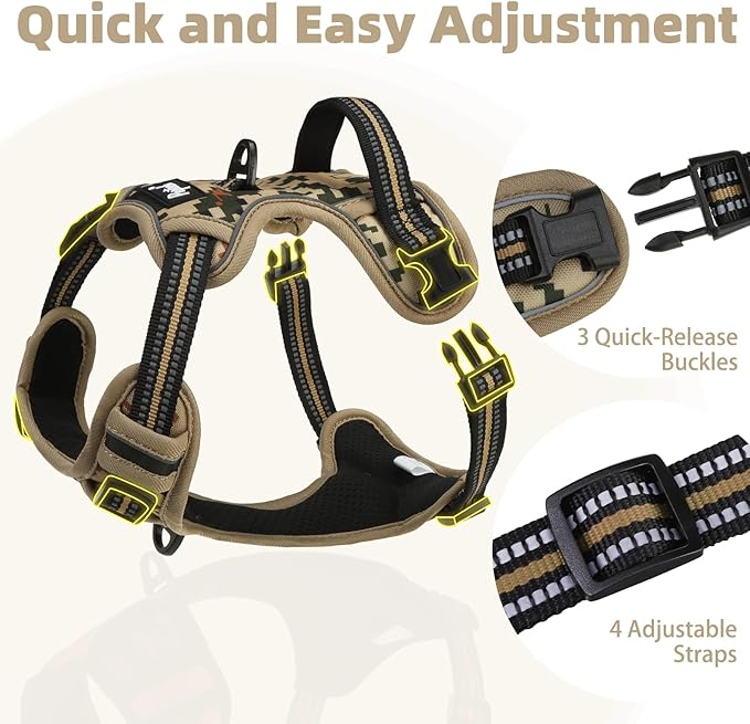 PUPTECK No Pull Tactical Dog Harness for Large, Adjustable Reflective Dog Harness with Handle Easy Control, Comfortable Soft Padded Pet Vest Harness for Large Dogs, Camouflage L