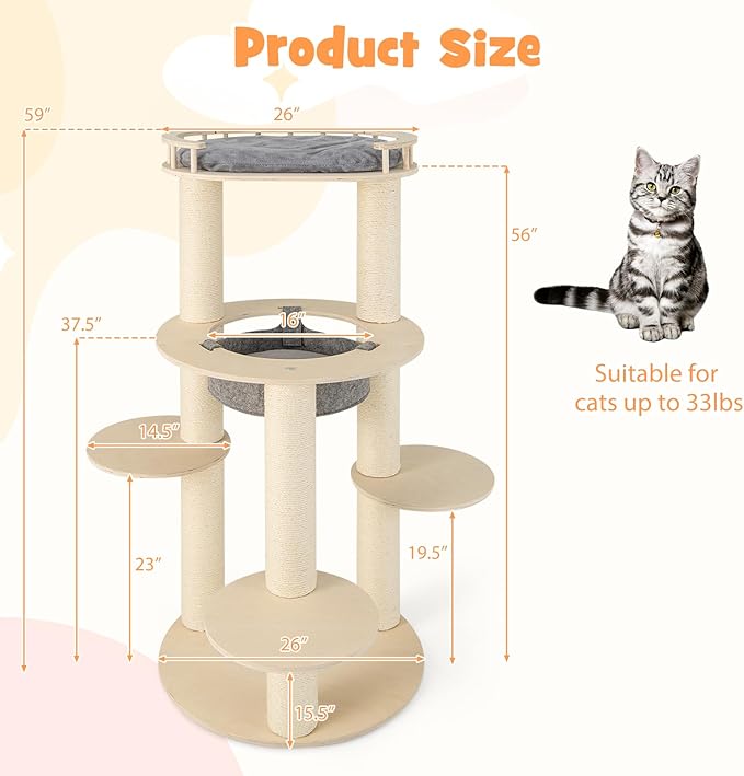 PETSITE 59 Inches Modern Cat Tree, Multi-Level Wood Cat Tower with Sisal Scratching Posts, Cozy Hammock, Comfy Top Perch, and 3 Jumping Platforms, Ideal for Indoor Cats Kittens