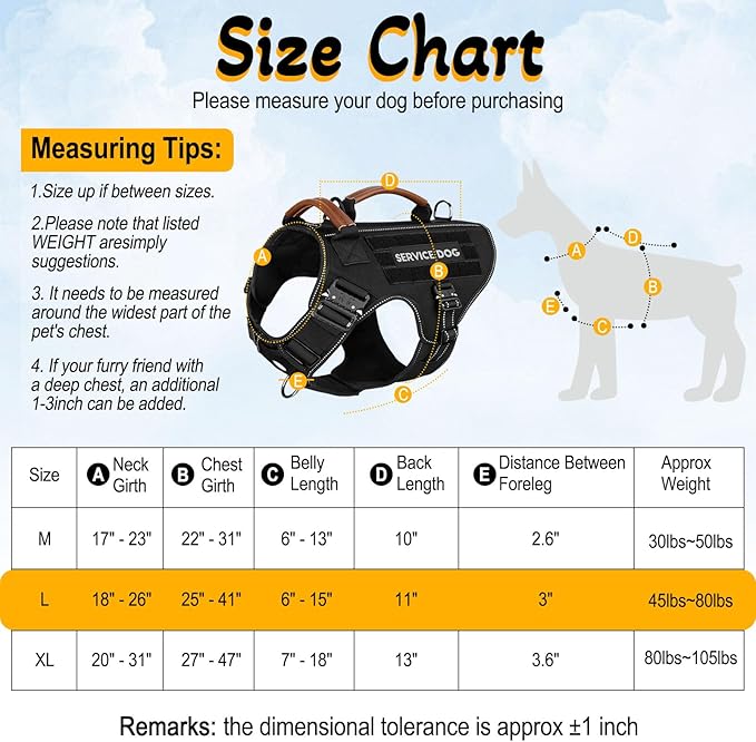 Service Dog Vest - HEYCAHVA Tactical Dog Harness Full Metal Buckles for Large Medium Dog Reflective No Pull Dogs Harnesses Vest with Leather Handle, Hook & Loop for Hiking Training (Black, L)