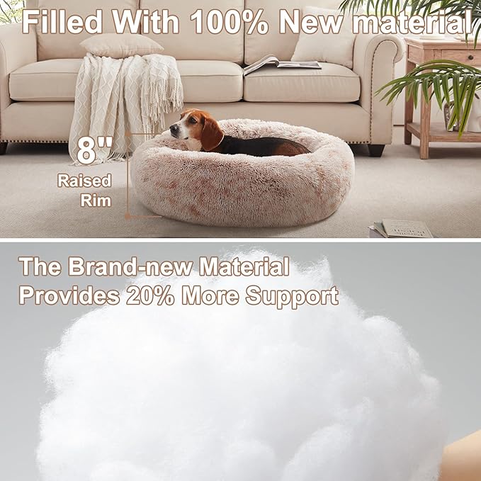 33 inches Donut Dog Bed for Medium Large Dogs,Calming Fluffy Round Pet Bed with Removable & Washable Cover,Fits up to 65 lbs Pets(Brown,M Plus)