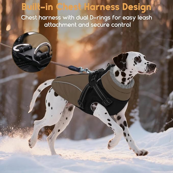 ASENKU Reflective Dog Coat with Built-in Harness, Windproof Fleece-Lined Dog Jacket for Small, Medium, Large Dogs, Warm Winter Vest with Turtleneck & Zipper (Khaki 3XL)