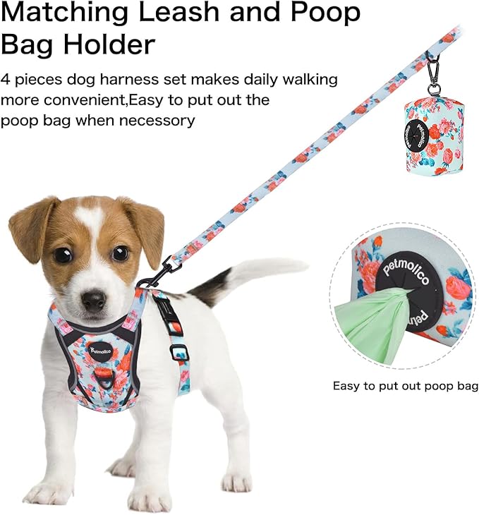 Petmolico No Pull Dog Harness Set with Leash Attachment Easy Control Handle Reflective Harness Vest Small Breed, Puppy Vest and Leash Set with Poop Bag Holder, Small - Green Flowers