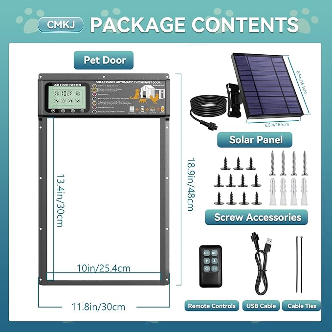 Solar Powered Automatic pet Door, LCD Display, Timer, Light Sensor, Remote Control, 6000mAh Battery, 4 Operation Modes