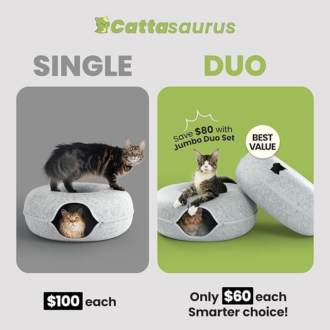Cattasaurus Peekaboo Cat Cave Duo Jumbo Set, Extra Spacious Cat Donut for Multiple & Large Kitty 15+ lbs, Scratch Detachable Cat Beds for Indoor Cats, Washable Cat Tunnel Bed, Best Kitten Toys