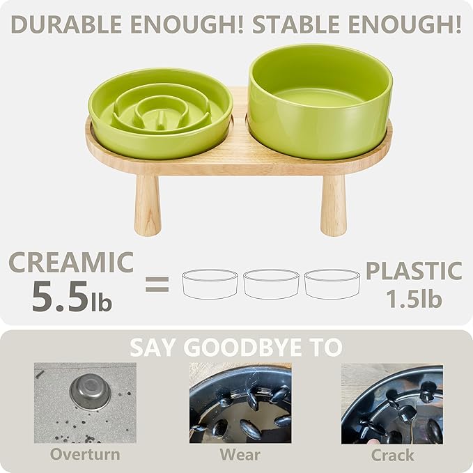 Ceramic Slow Feeder and Water Bowl Set for Small Dogs, 6.0inch Ceramic Dog Bowls Elevated with Wooden Stand, 0.6 Cups Dog Slow Feeder(14oz) and 30oz Water Bowl Set, Green