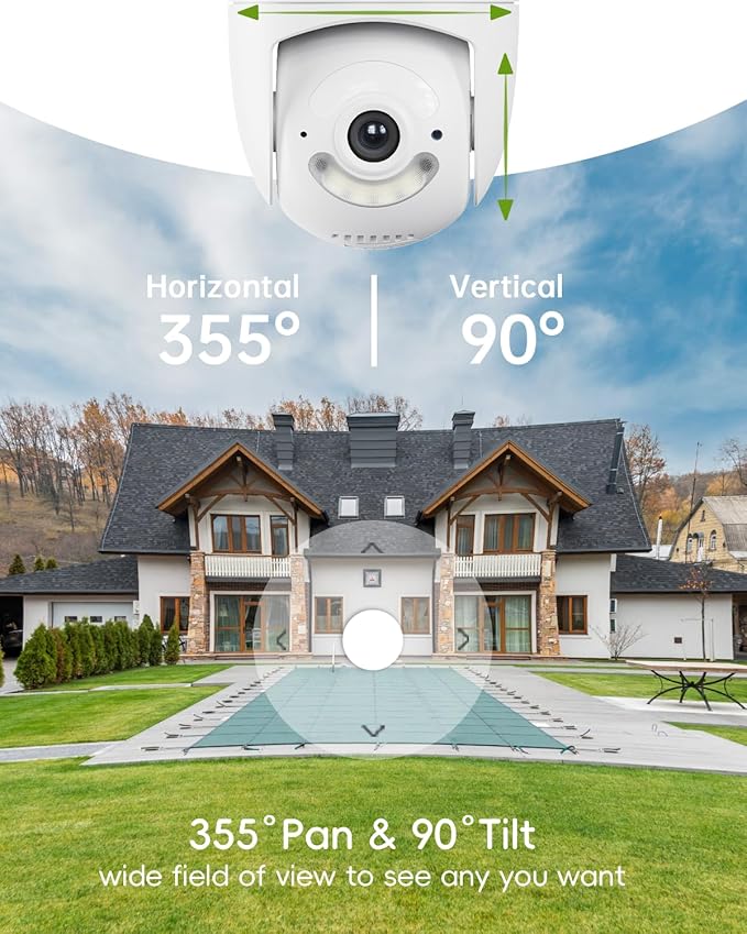 2.4G/5G Security Camera Outdoor, 2K Wired Cameras for Home Security, 360° PTZ Rotating, 24/7 Recording, Color Night Vision, AI Human Auto Tracking, 2-Way Audio, Alexa, IP66