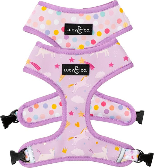 Lucy & Co. Cute Reversible Dog Harness Walking Halter - Best Designer Pet Harnesses for XS - XL Dogs - Padded Adjustable Vest for Easy Walking (Large, Unicorn Magic - Purple & Pink Unicorns)
