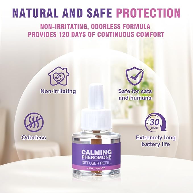 Cat Calming Pheromone Diffuser Refills 4 Pack Anxiety and Stress Calming for Cats Reduce Inappropriate Peeing and Spraying Fragrance Free for Bedroom Bathroom Reduces Conflict in Multi-Cat Households