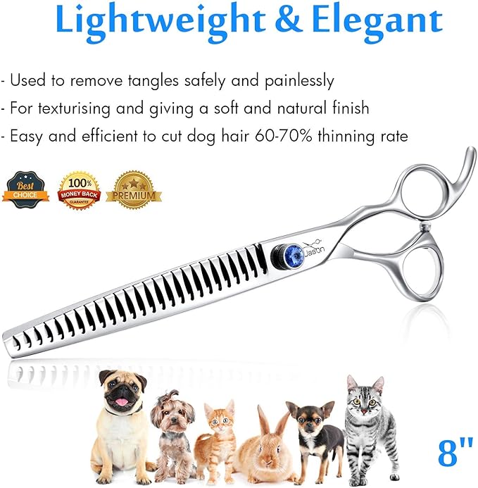 JASON 8" 26 Tooth Chunkers Shears for Dogs Ergonomic Cats Grooming Scissors Texturizing Blending Thinning Shear Pets Trimming Kit with Offset Handle Sharp Comfortable Scissor Christmas Gift