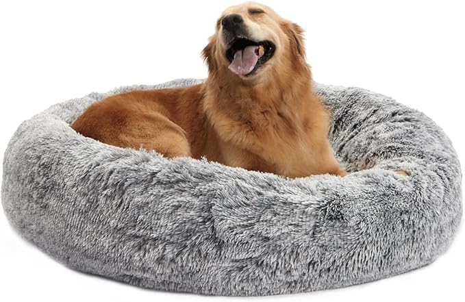 Bedfolks Calming Donut Dog Bed, 36 Inches Round Fluffy for Large Dogs, Anti-Anxiety Plush, Machine Washable (Dark Grey, Large)