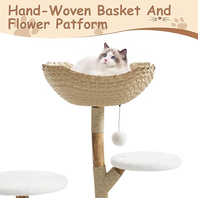 46" Large Modern Cat Tree, Wooden Cat Tower with Scratching Posts, Platforms, Spacious Wicker Basket, Pom Pom Balls and Wood Branch, Luxury Condo for Kittens