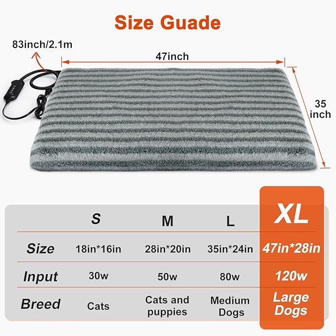 Large Pet Heating Pad, Waterproof Heated Dog Cat Bed with 11 Adjustable Temperatures & 24H Timer, Auto Shut-Off, Chew-Resistant Cord, Washable Cover, Indoor Electric Heating Mat, Grey, XL(47" x 28")