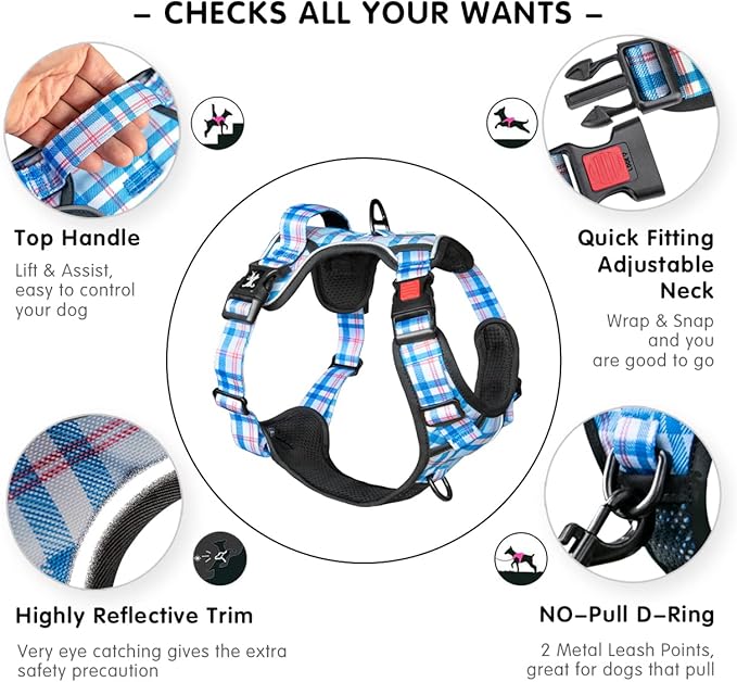 PoyPet No Pull Dog Harness, [Release at Neck] Reflective Adjustable No Choke Pet Vest with Front & Back 2 Leash Attachments(Checkered Blue,XS)
